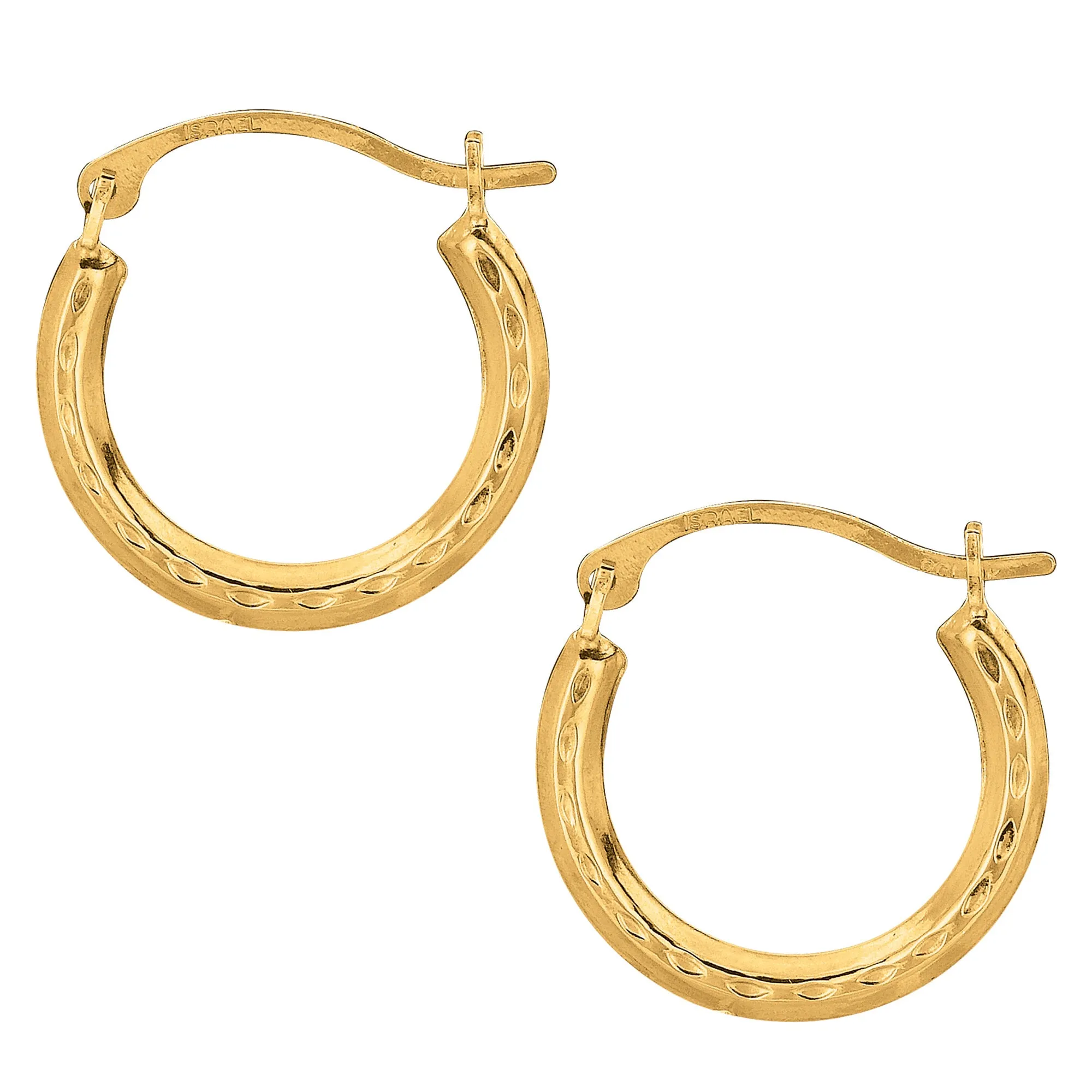 10k Yellow Gold Shiny Diamond Cut Round Hoop Earrings, Diameter 15mm