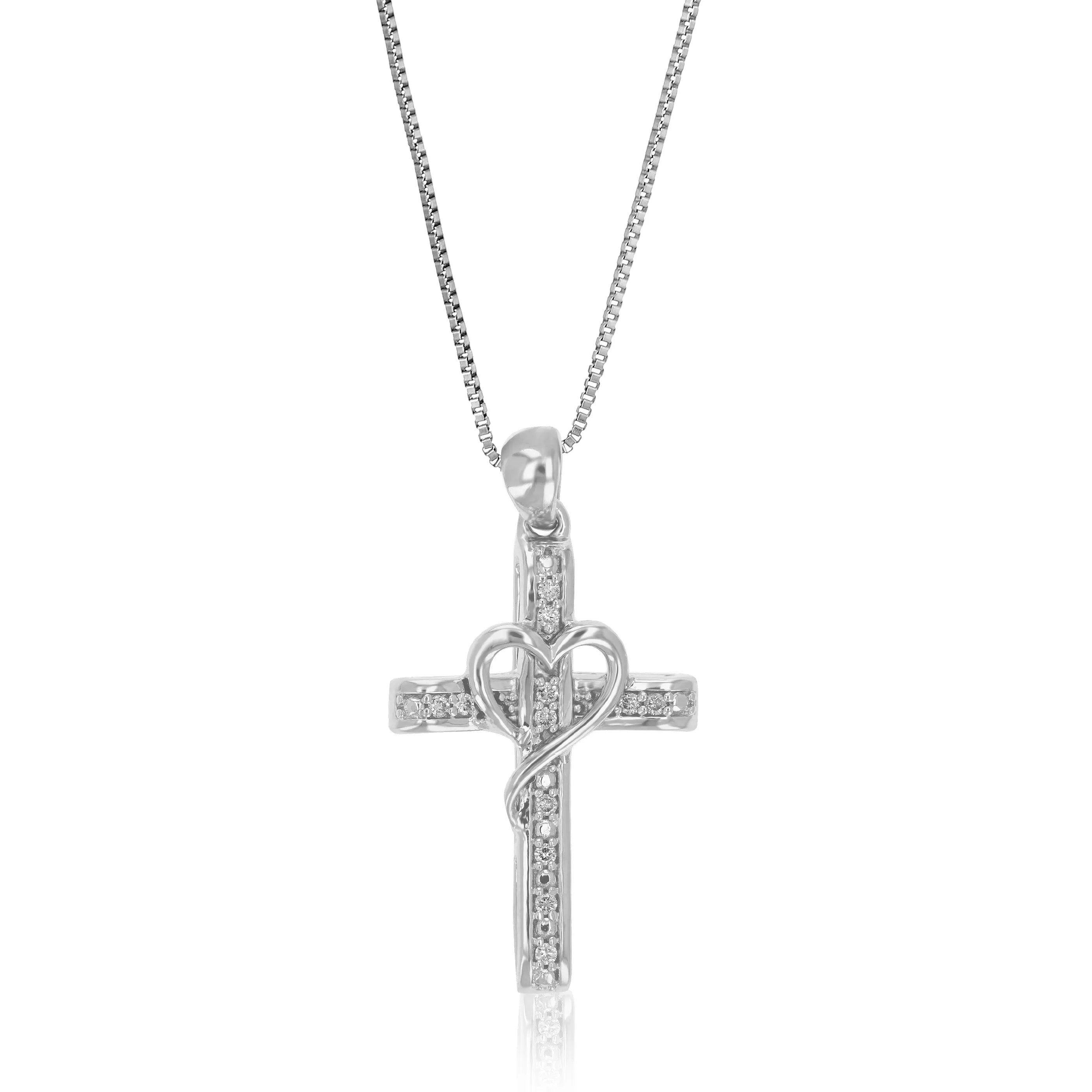 1/10 cttw Lab Grown Diamond Cross And Heart Pendant Necklace .925 Sterling Silver 2/3 Inch With 18 Inch Chain