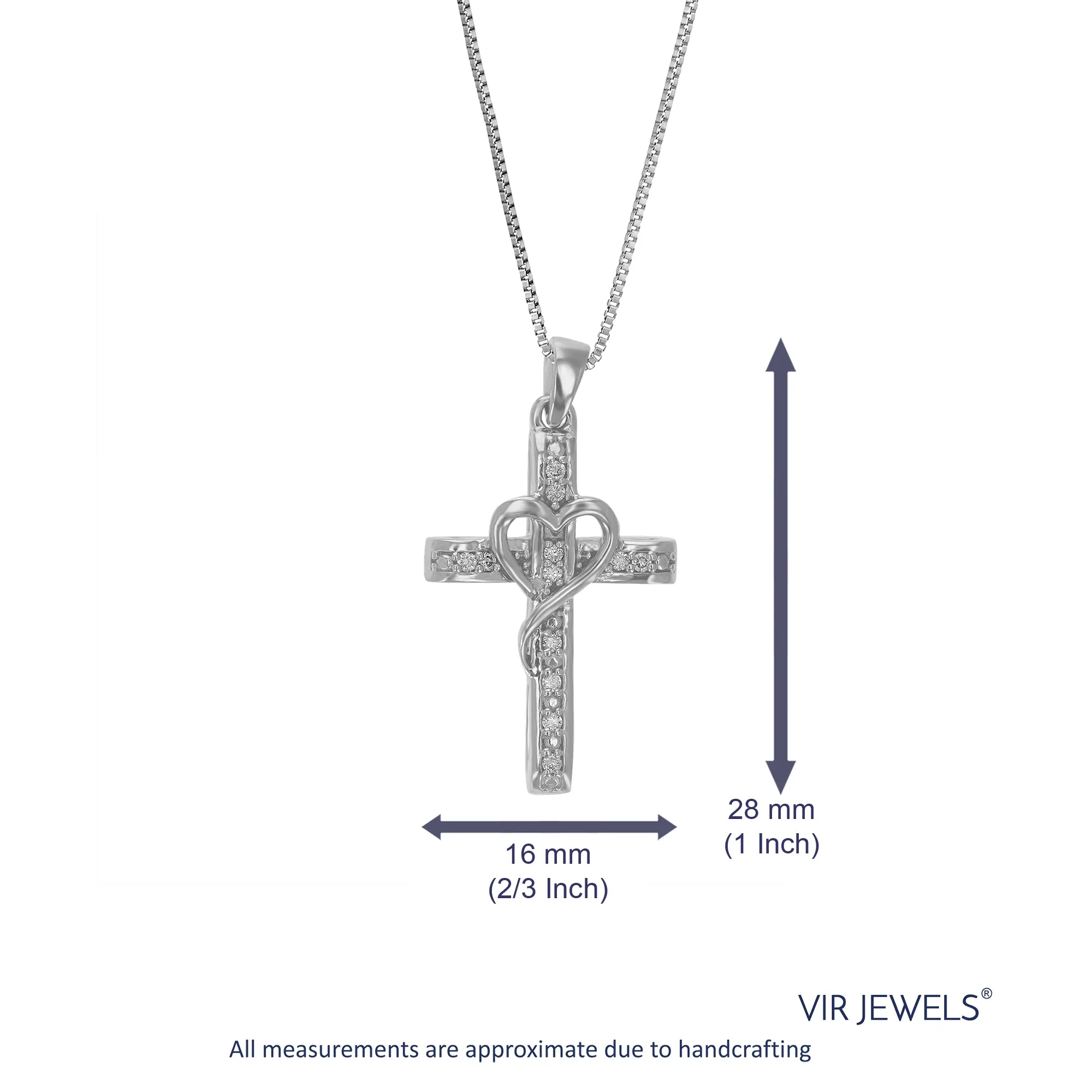 1/10 cttw Lab Grown Diamond Cross Heart Pendant Necklace .925 Sterling Silver 2/3 Inch With 18 Inch Chain