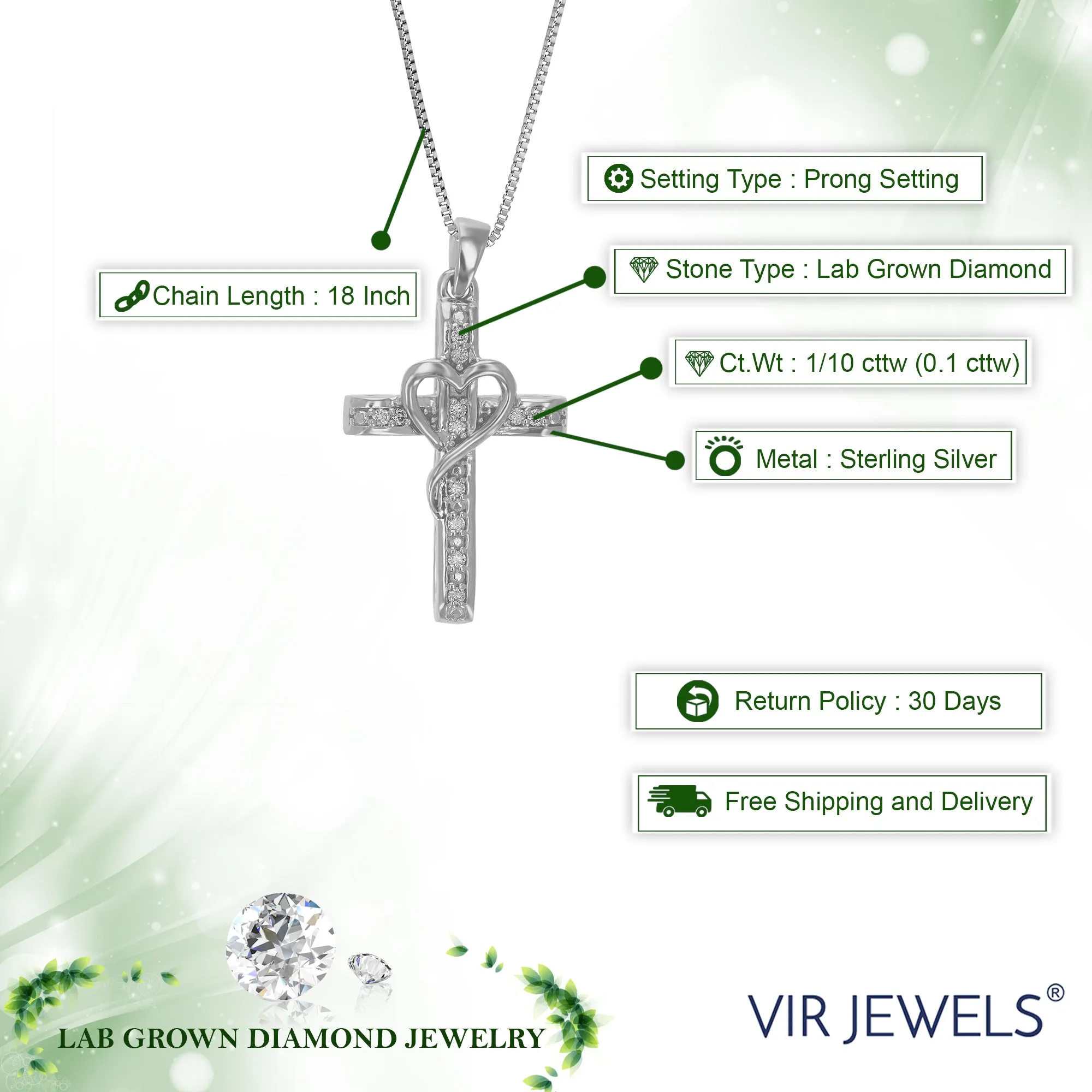 1/10 cttw Lab Grown Diamond Cross Heart Pendant Necklace .925 Sterling Silver 2/3 Inch With 18 Inch Chain