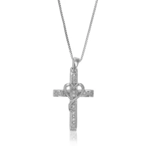 1/10 cttw Lab Grown Diamond Cross Heart Pendant Necklace .925 Sterling Silver 2/3 Inch With 18 Inch Chain