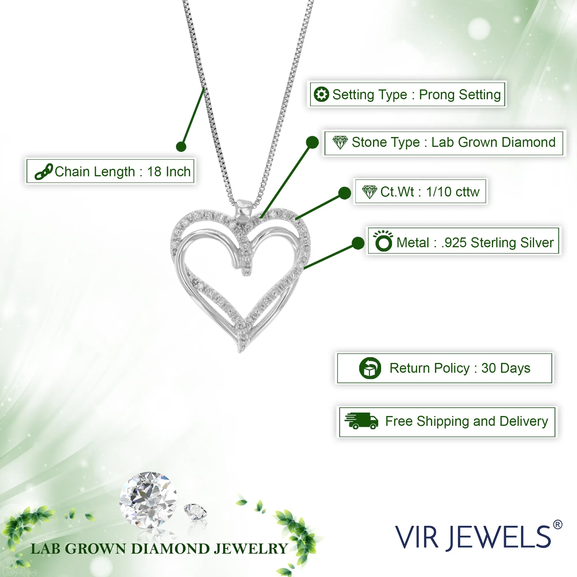 1/10 cttw Lab Grown Diamond Heart Pendant Necklace .925 Sterling Silver For Women 3/4 Inch With 18 Inch Chain