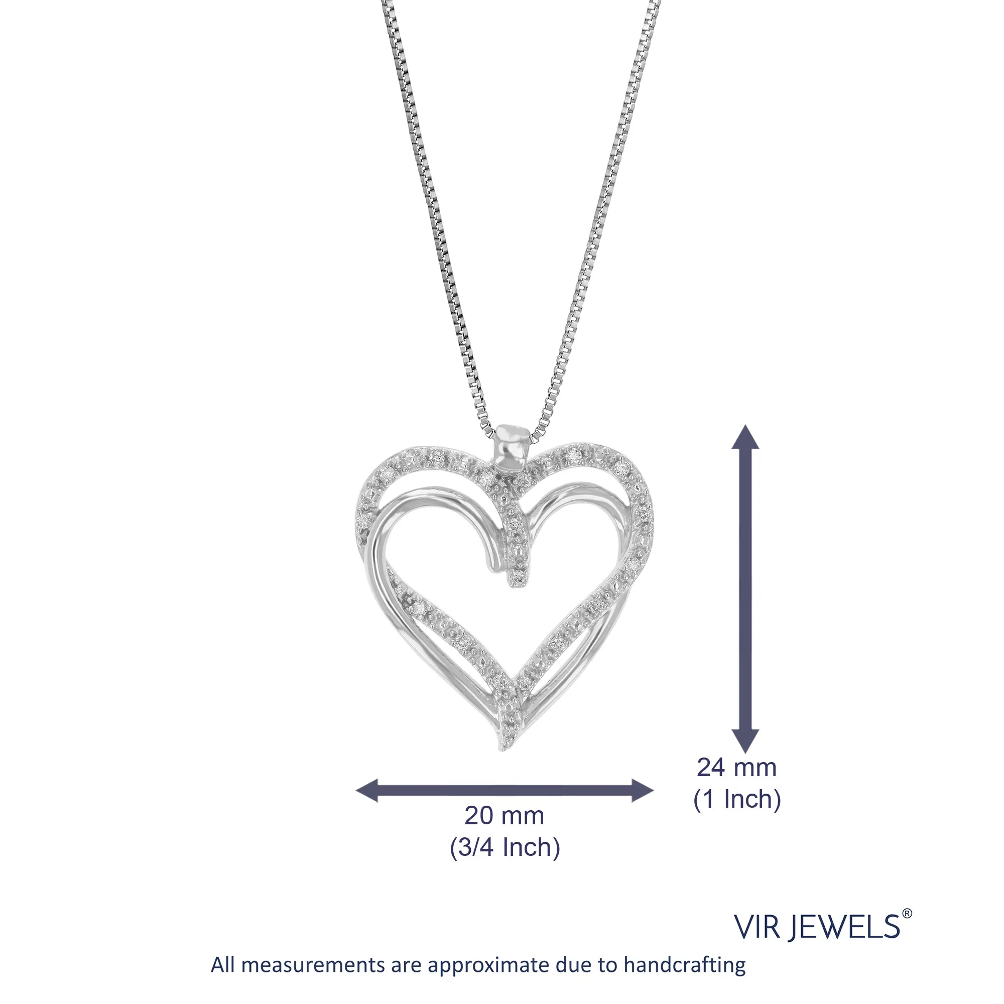 1/10 cttw Lab Grown Diamond Heart Pendant Necklace .925 Sterling Silver For Women 3/4 Inch With 18 Inch Chain