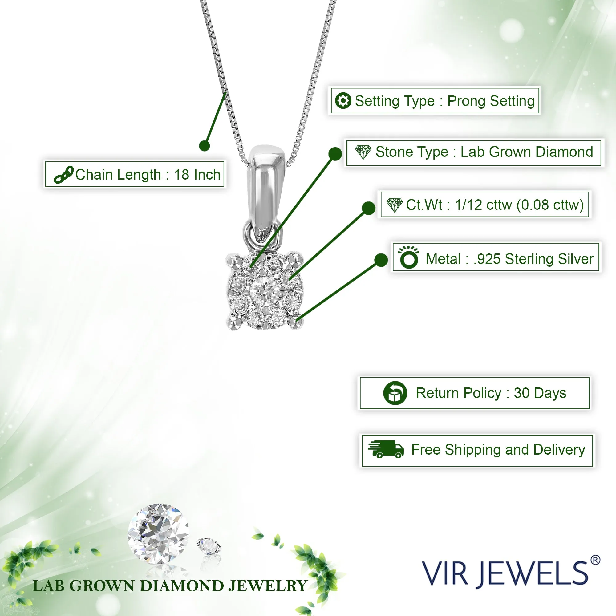 1/12 cttw 9 Stones Lab Grown Diamond Fashion Pendant Necklace .925 Sterling Silver 1/6 Inch with 18 Inch Chain, Size 2/5 Inch