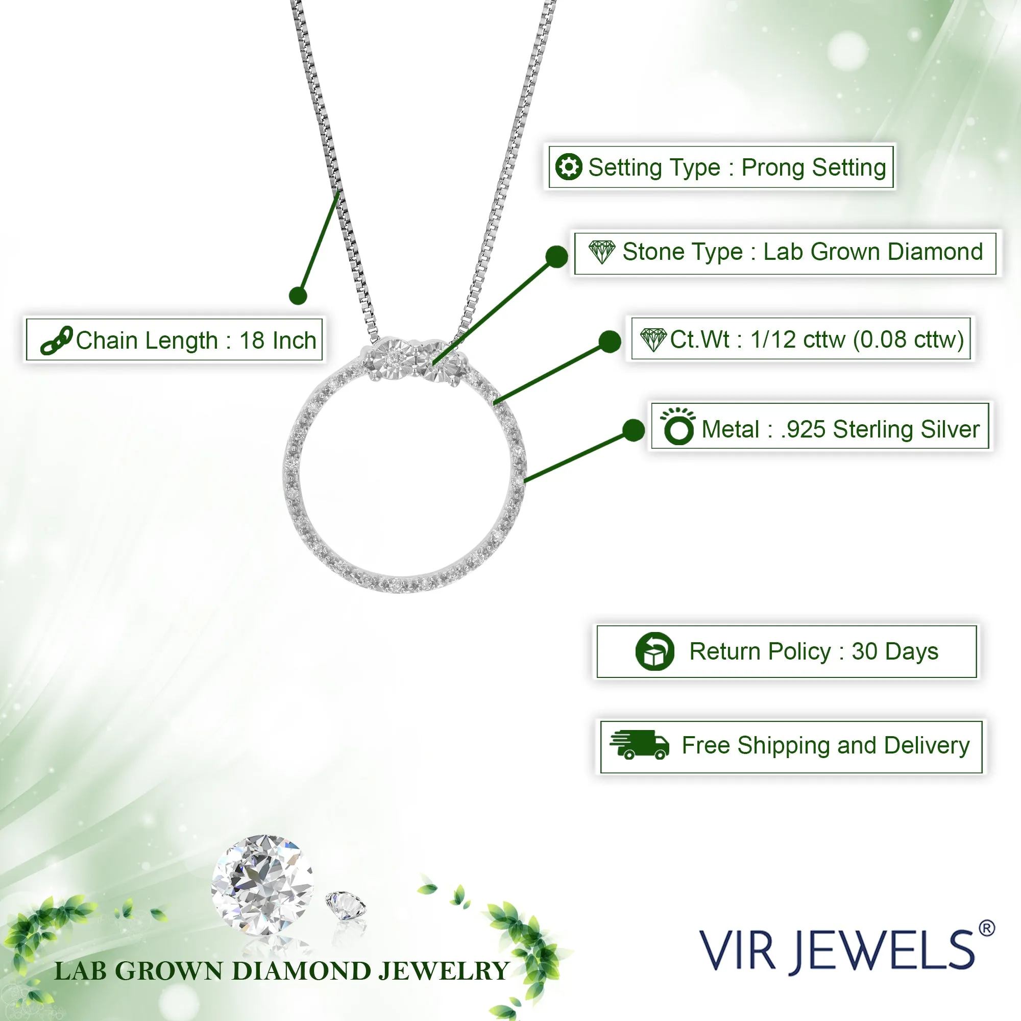 1/12 cttw Lab Grown Diamond Circle Pendant Necklace For Women .925 Sterling Silver 2/3 Inch With 18 Inch Chain