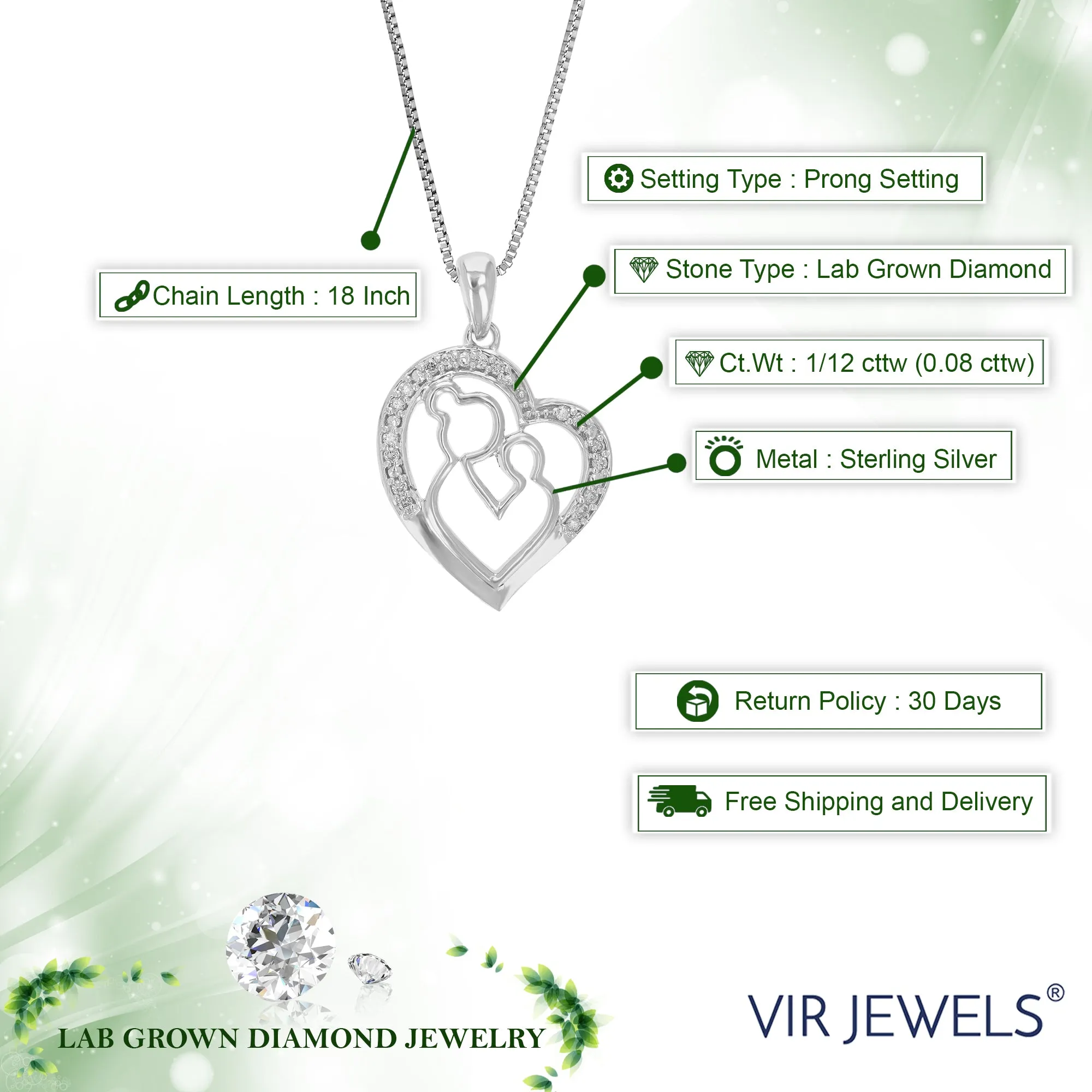 1/12 cttw Lab Grown Diamond Pendant Heart And Mom Necklace .925 Sterling Silver 2/3 Inch With 18 Inch Chain