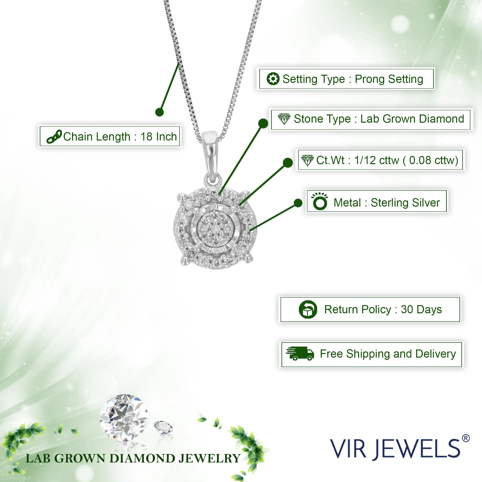 1/12 cttw Lab Grown Diamond Round Circle Pendant Necklace .925 Sterling Silver 1/3 Inch With 18 Inch Chain