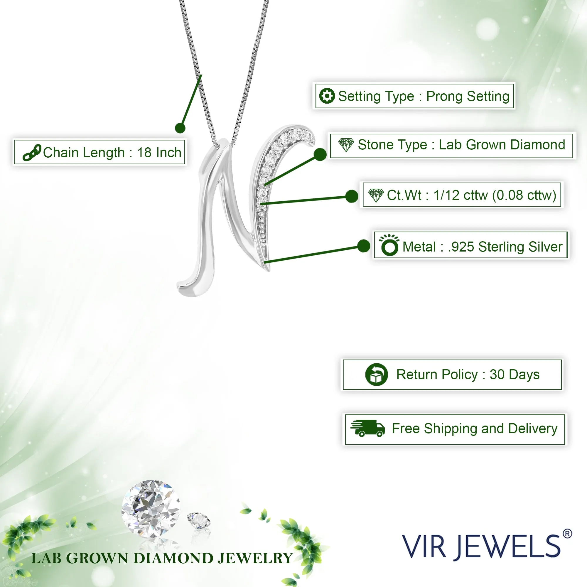 1/12 cttw Round 9 Stones Lab Grown Diamond Pendant Necklace .925 Sterling Silver 2/5 Inch With 18 Inch Chain