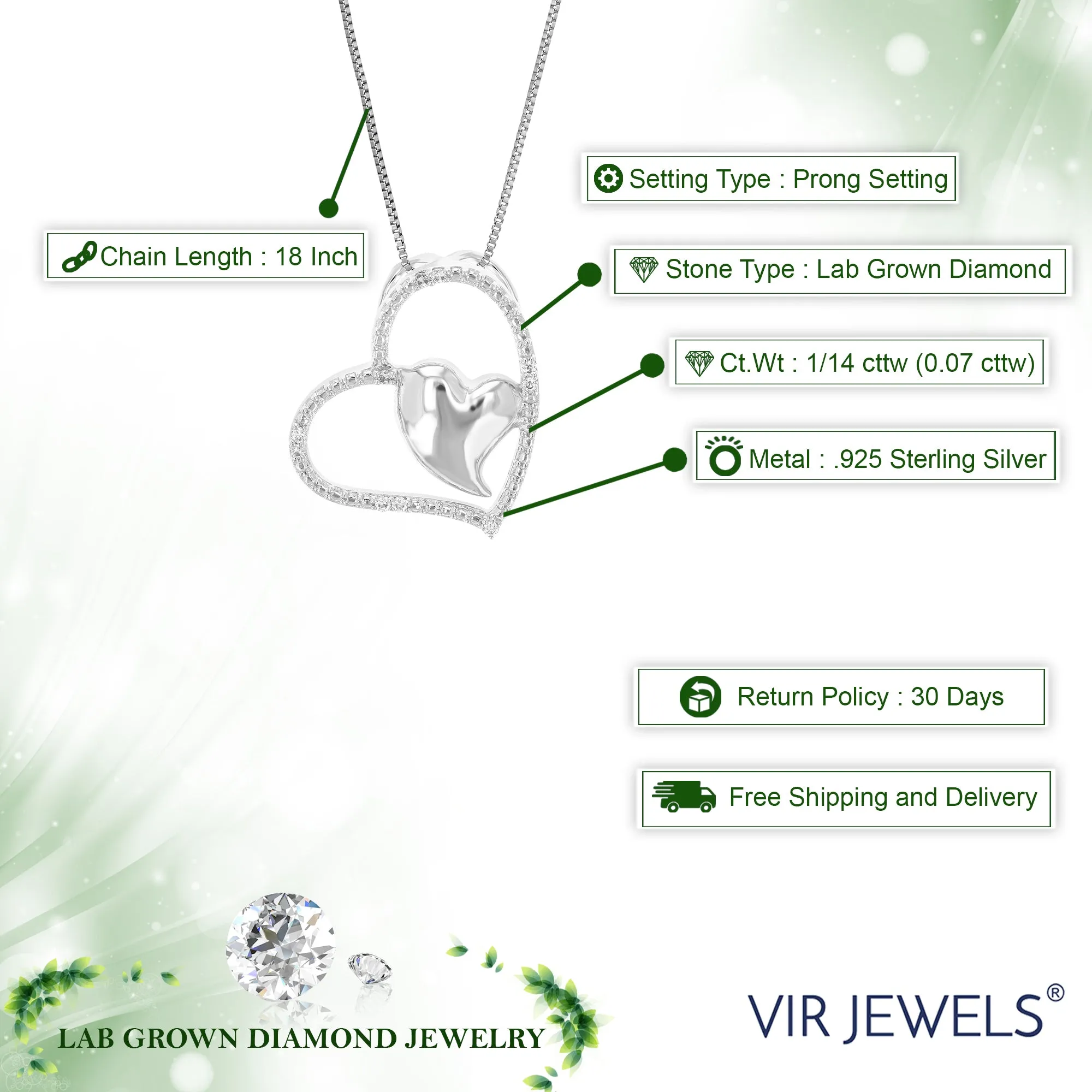 1/14 cttw Round Cut 10 Stones Lab Grown Diamond Heart Pendant Necklace .925 Sterling Silver 2/3 Inch With 18 Inch Chain