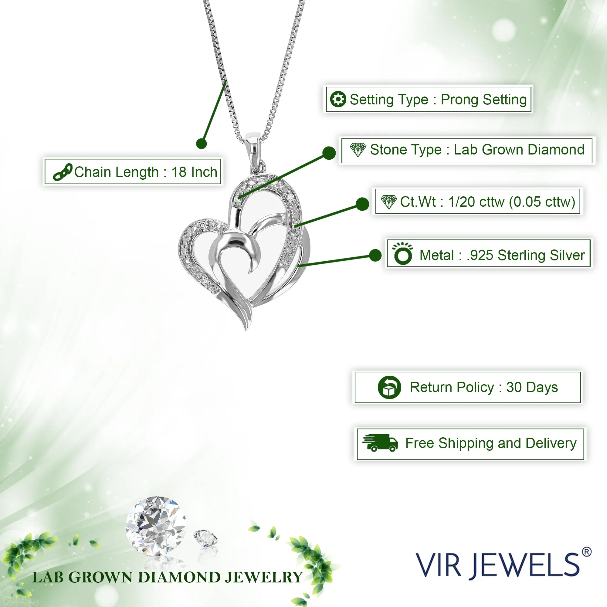 1/20 cttw 7 Stones Lab Grown Diamond Heart Pendant Necklace .925 Sterling Silver 3/4 Inch with 18 Inch Chain, Size 1 Inch