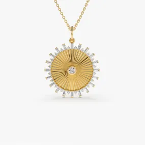 14k Baguette and Round Diamond Disc Ray Necklace