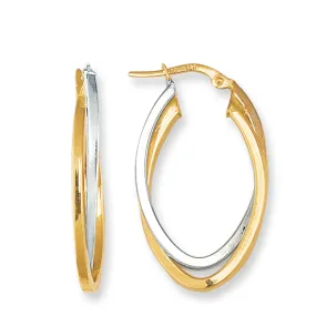 14K Yellow And White Gold Oval Shape Two Tone Double Row Hoop Earrings