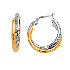 14K Yellow And White Gold Two Tone Double Hoop Earrings, Diameter 24mm