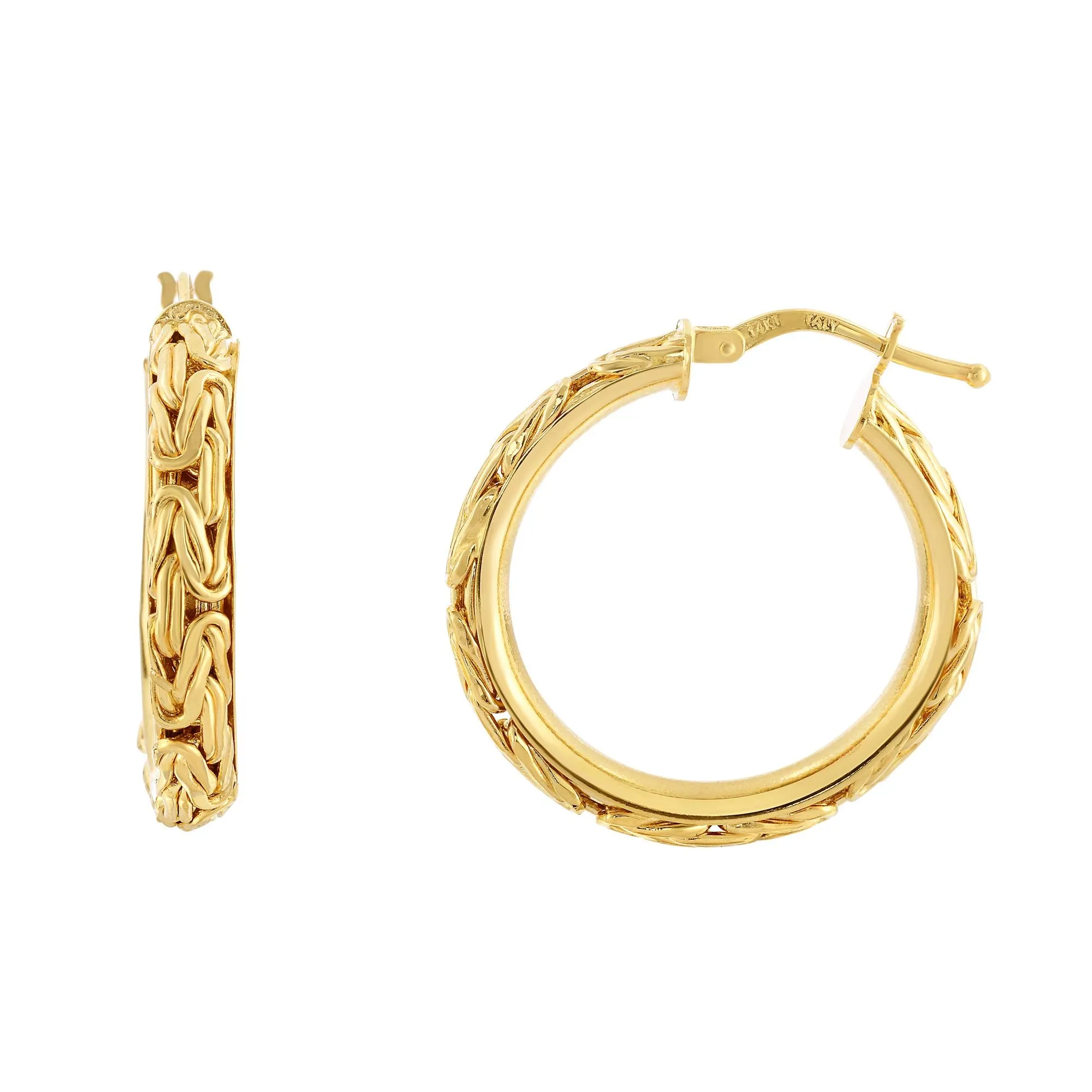 14K Yellow Gold Byzantine Fancy Hoop Earrings, Diameter 20mm