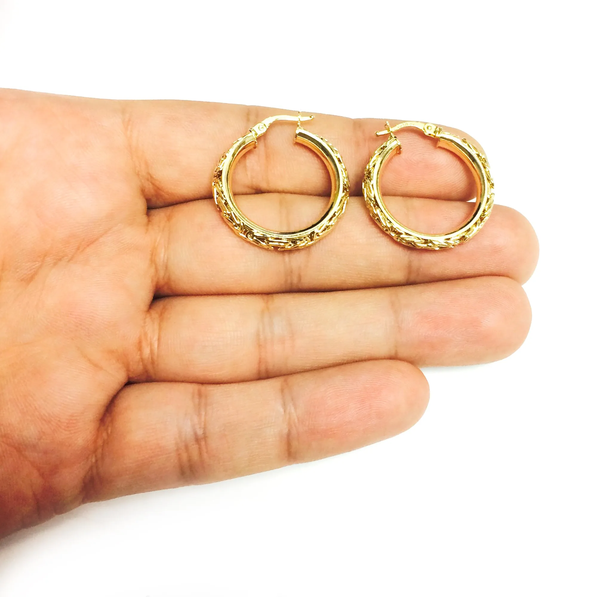 14K Yellow Gold Byzantine Fancy Hoop Earrings, Diameter 20mm