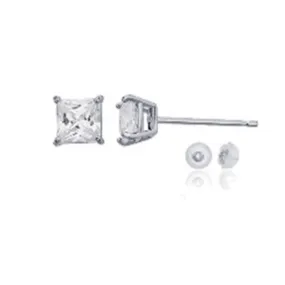 14KT White Gold 4MM Princess Cut Cubic Zirconia Stud Earrings