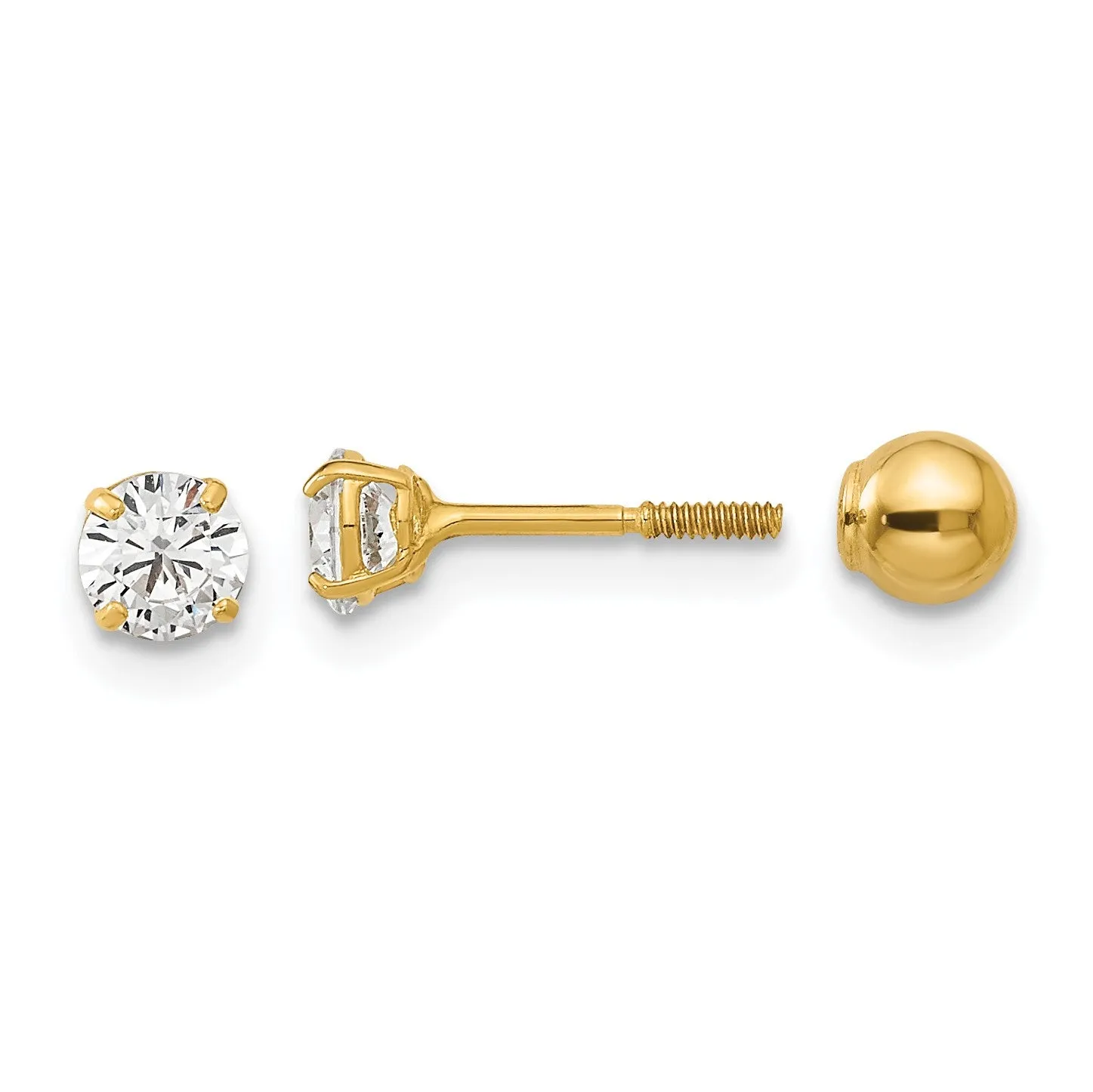 14KT Yellow Gold 4MM Cubic Zirconia Reversible Stud Earrings