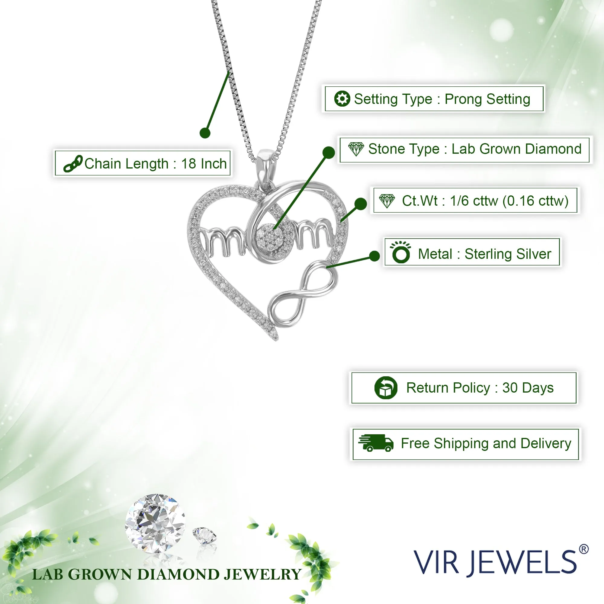 1/6 cttw Lab Grown Diamond Heart Pendant Necklace .925 Sterling Silver 3/4 Inch With 18 Inch Chain