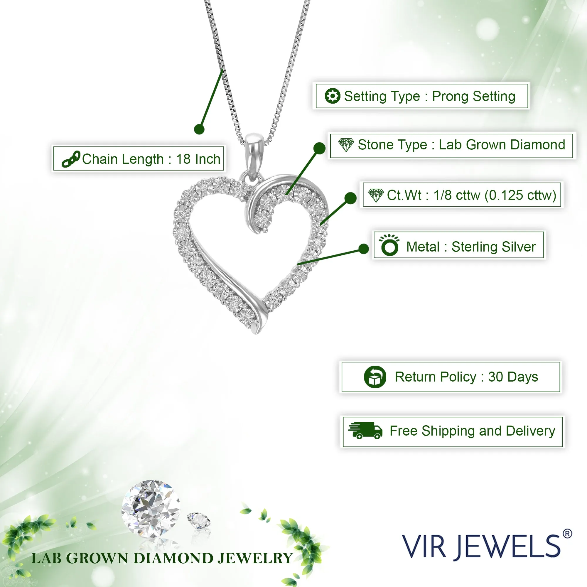 1/8 cttw Lab Grown Diamond Heart Pendant Necklace .925 Sterling Silver 3/4 Inch With 18 Inch Chain