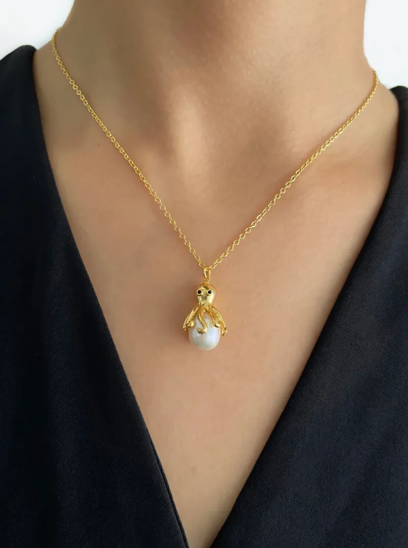 18K Gold Plated Jellyfish Octopus Pearl Necklace