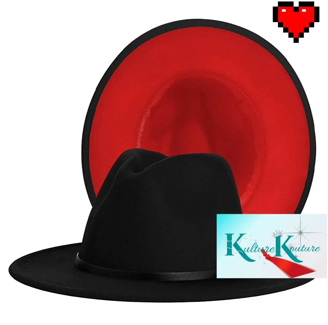 Black and Red Unisex Fedora Hat With Belt