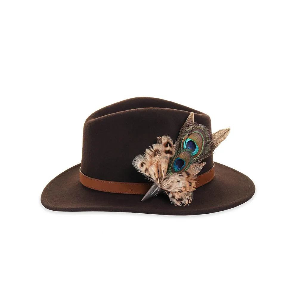 Brown Fedora with Peacock and Hen Pheasant Pin