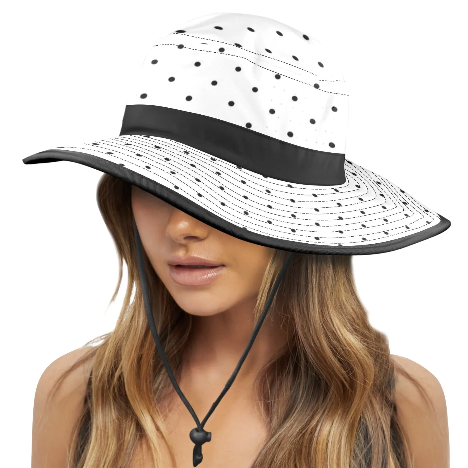 bw polka dot print copy Wide Brim Bucket Hat