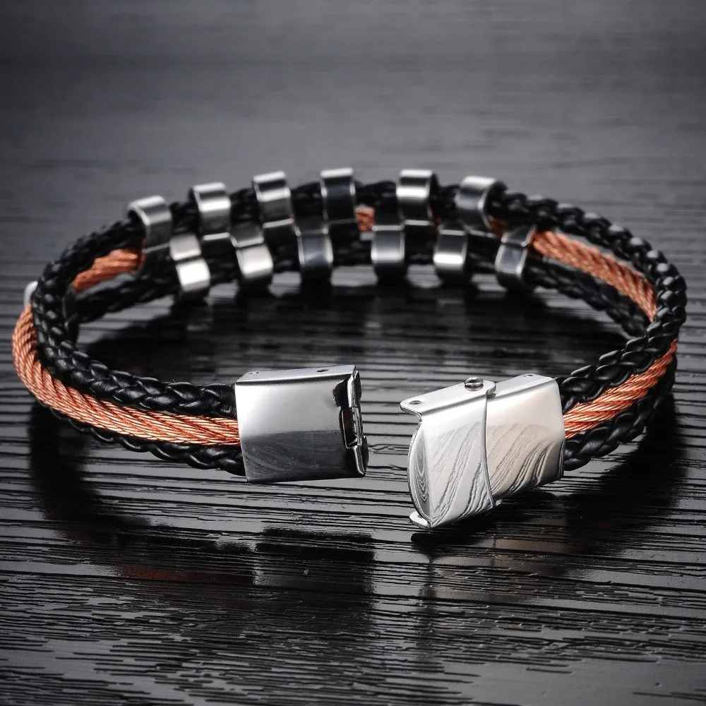 City FASHION Jewelry Punk Rose Gold Stainless Steel Accessories Black Weave Genuine PU leather Men Bracelet male Bangles