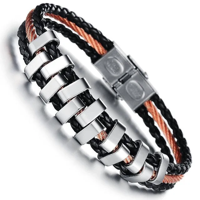 City FASHION Jewelry Punk Rose Gold Stainless Steel Accessories Black Weave Genuine PU leather Men Bracelet male Bangles