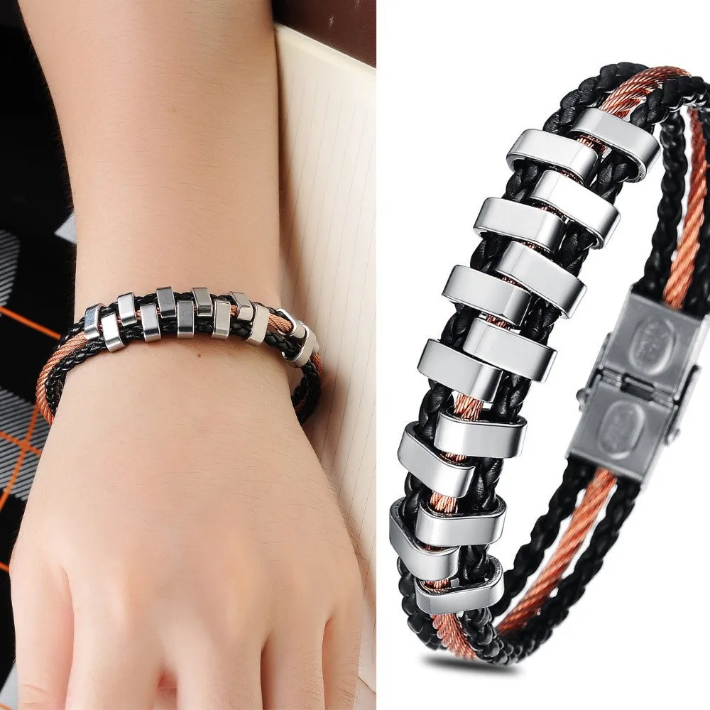 City FASHION Jewelry Punk Rose Gold Stainless Steel Accessories Black Weave Genuine PU leather Men Bracelet male Bangles