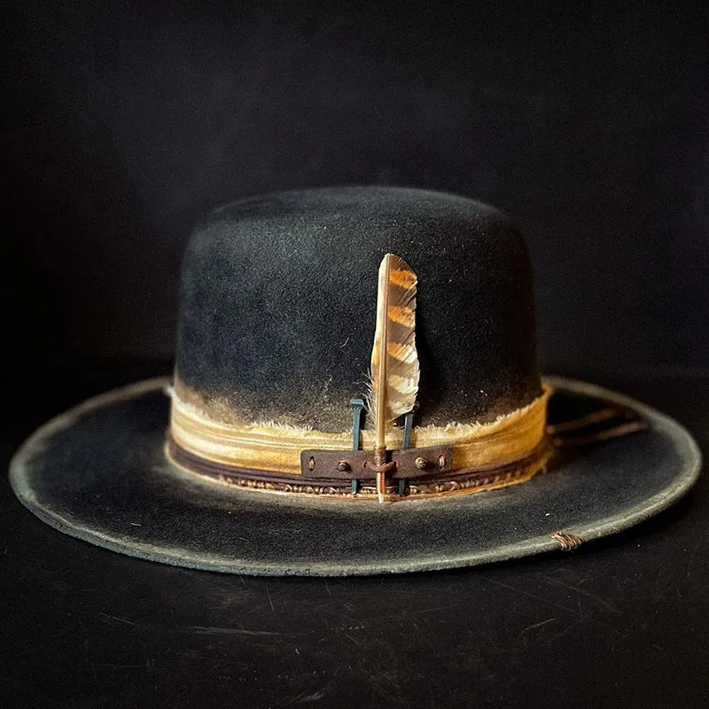 Distressed Fedora with Yellow Band Striped Feather and Studded Accents