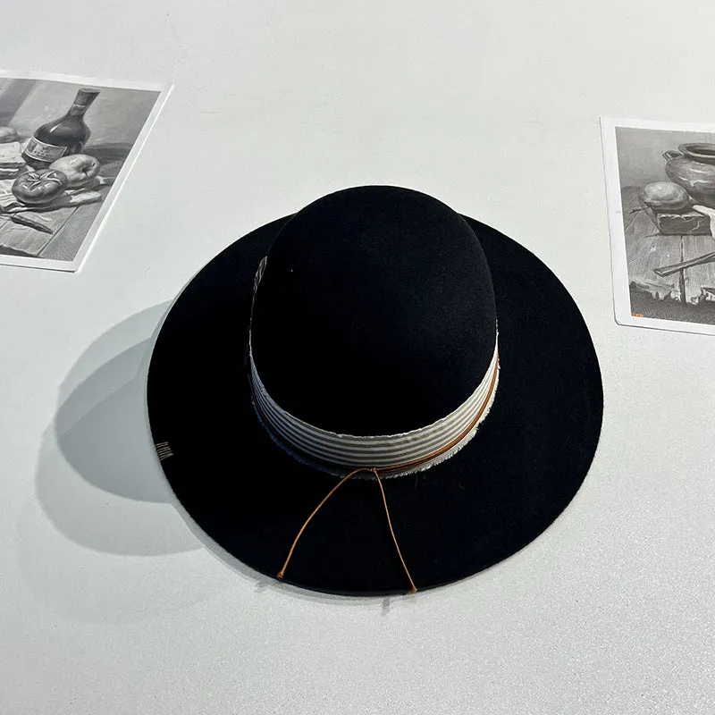 Distressed Fedora with Yellow Band Striped Feather and Studded Accents