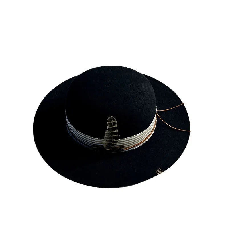 Distressed Fedora with Yellow Band Striped Feather and Studded Accents