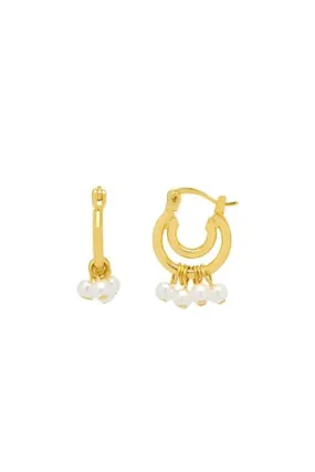 Double Hoop Drop Pearl Earrings - Gold Plated