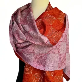 Dusty pink and terracotta silk kantha scarf