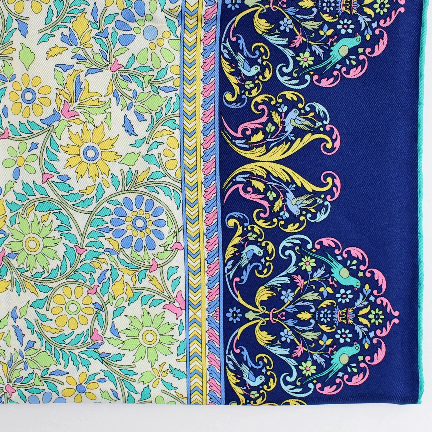 E. Marinella Scarf Dark Blue Pink Aqua Bird Floral - Twill Silk Square Foulard