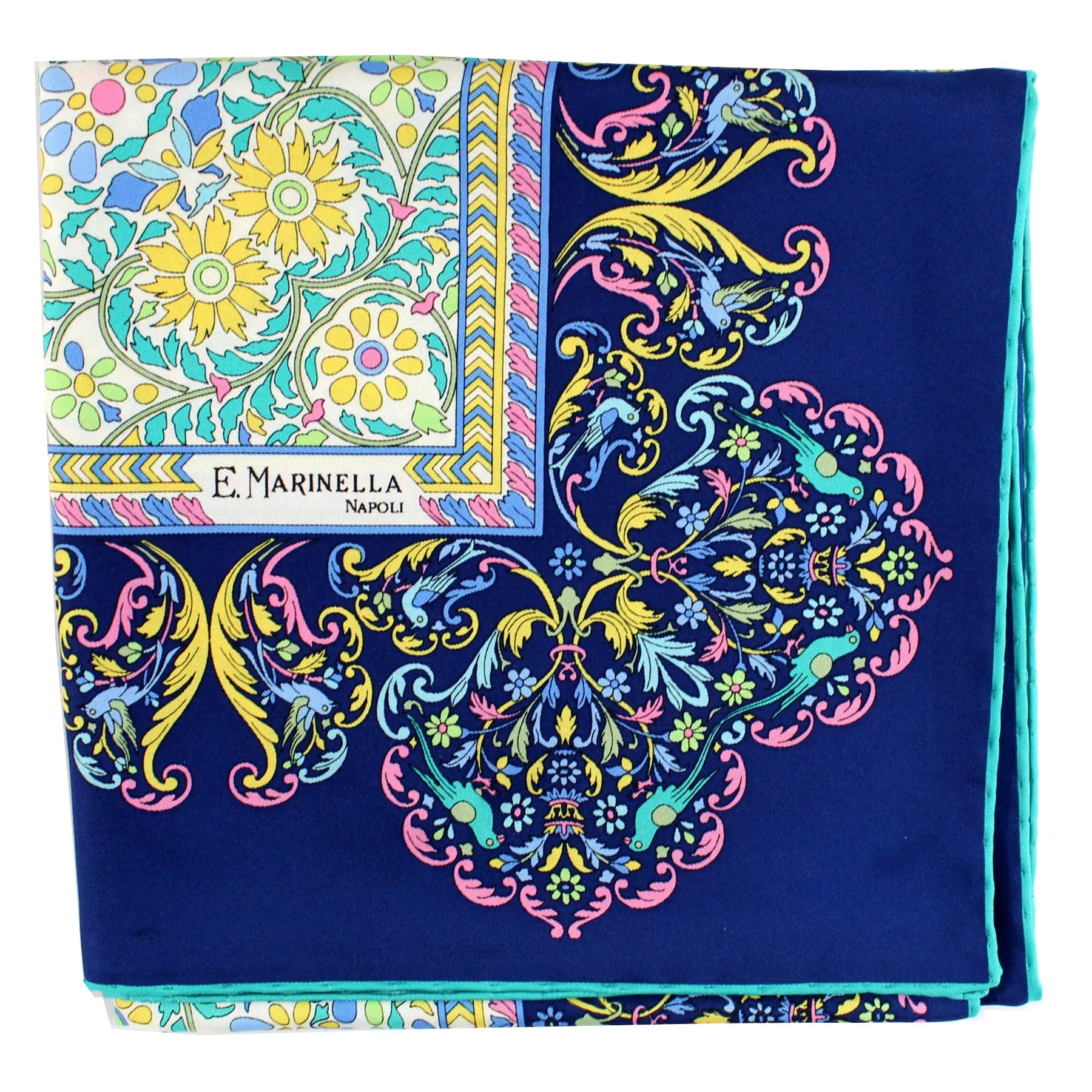 E. Marinella Scarf Dark Blue Pink Aqua Bird Floral - Twill Silk Square Foulard