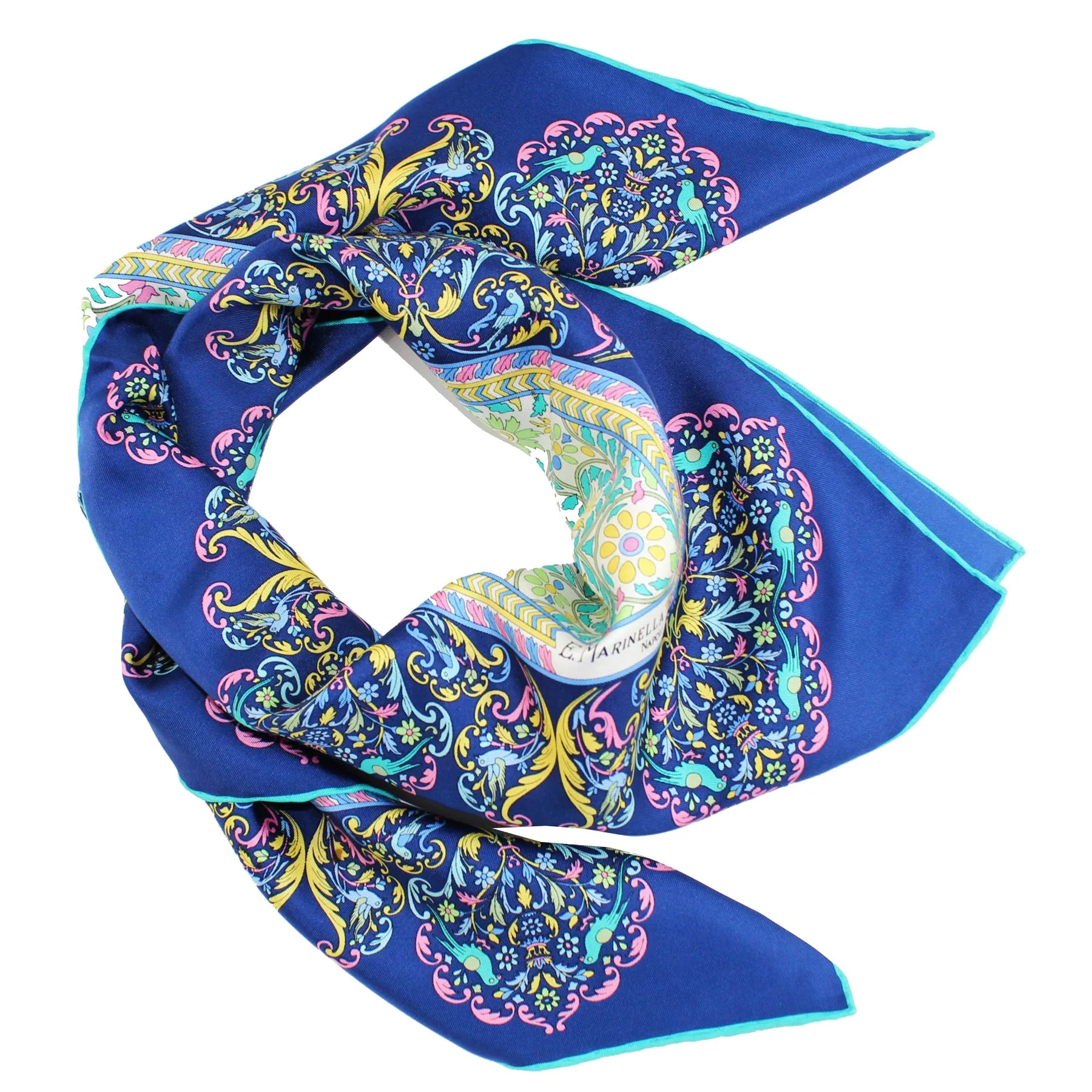 E. Marinella Scarf Dark Blue Pink Aqua Bird Floral - Twill Silk Square Foulard