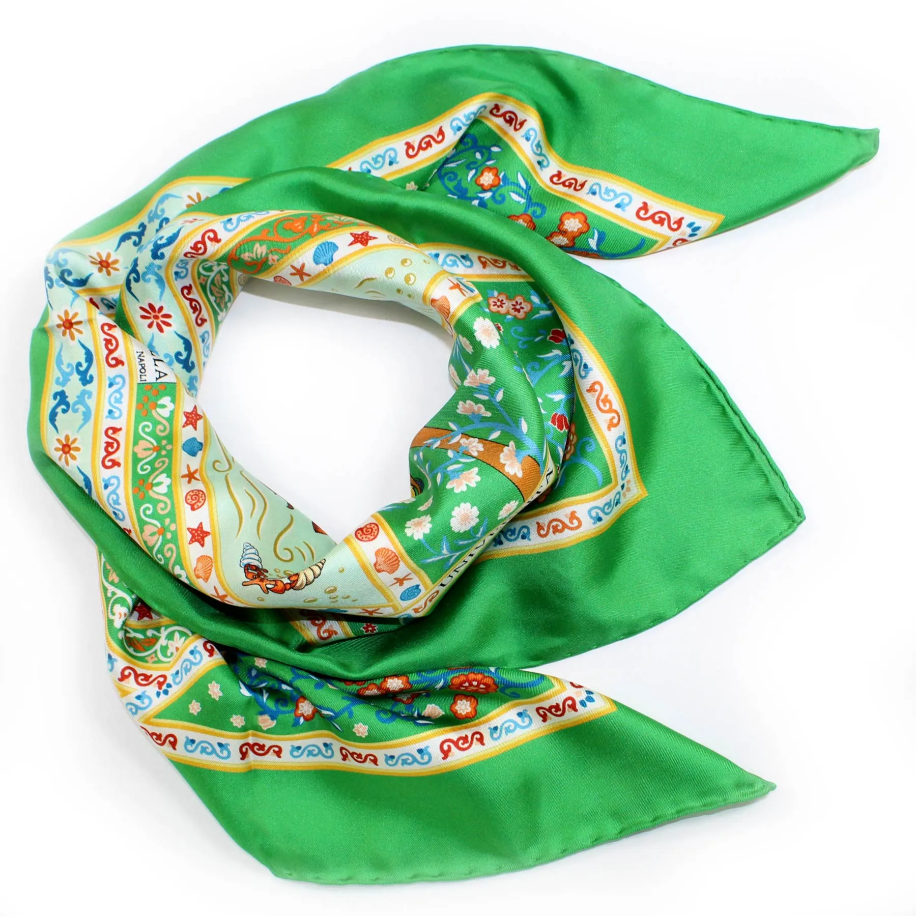 E. Marinella Scarf Green Marine Life & Floral Twill Silk Square Foulard BLACK FRIDAY SALE