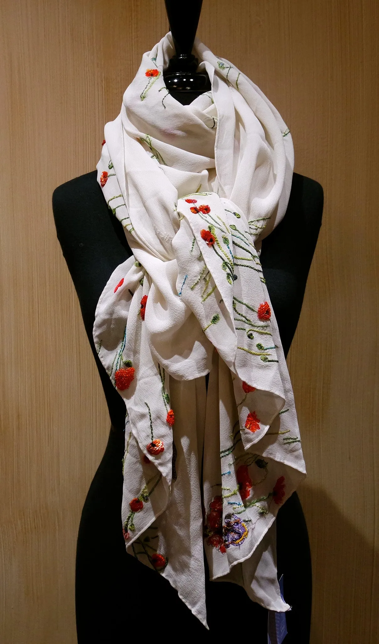 Flying Fig Embroidered Silk Chiffon Scarf with Poppies