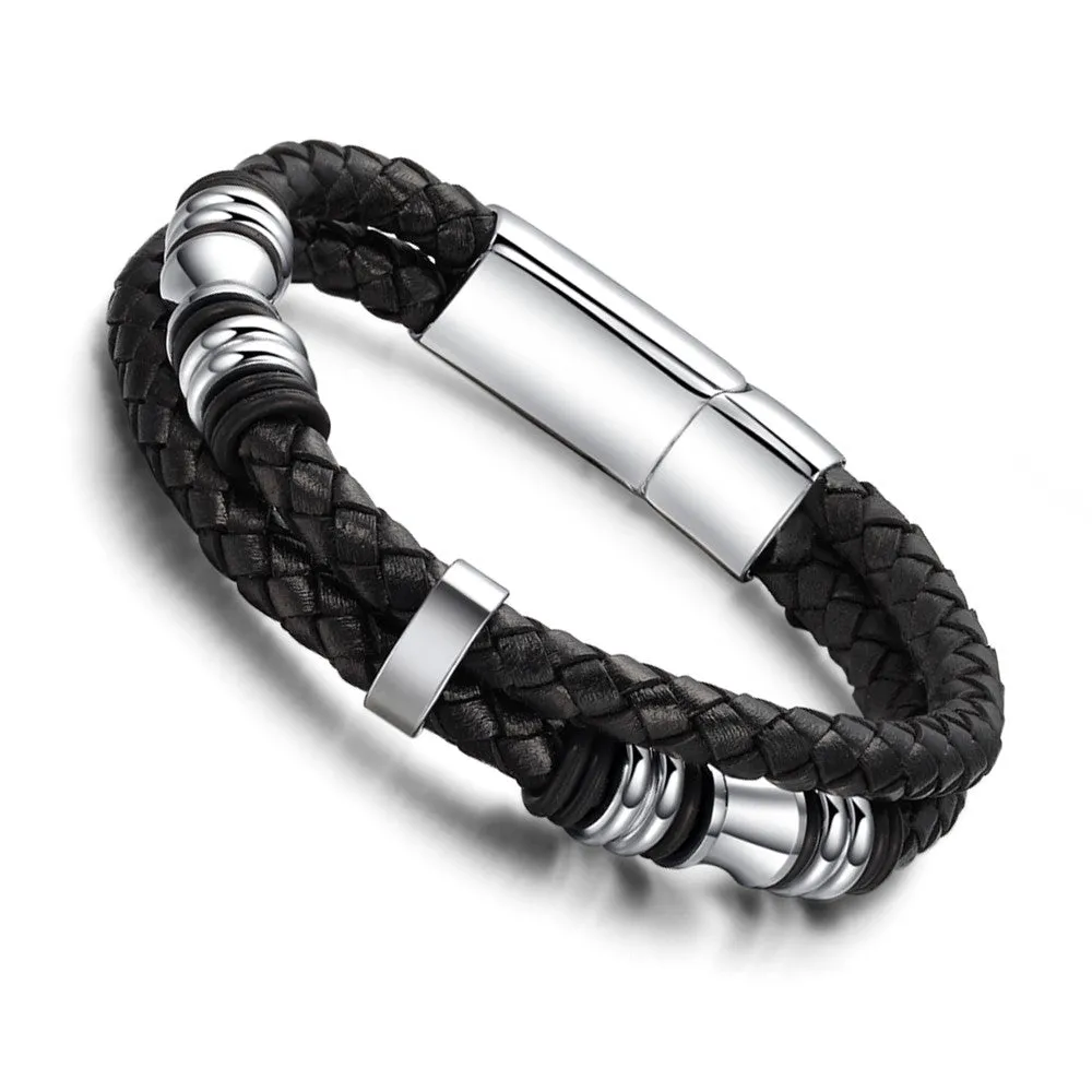 Genuine leather rope bracelet stainless steel cool men leather woven bracelet with magnetic buckle black