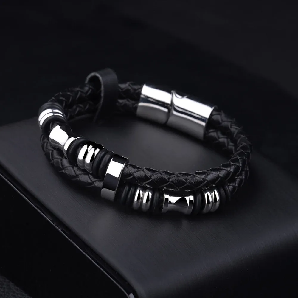 Genuine leather rope bracelet stainless steel cool men leather woven bracelet with magnetic buckle black