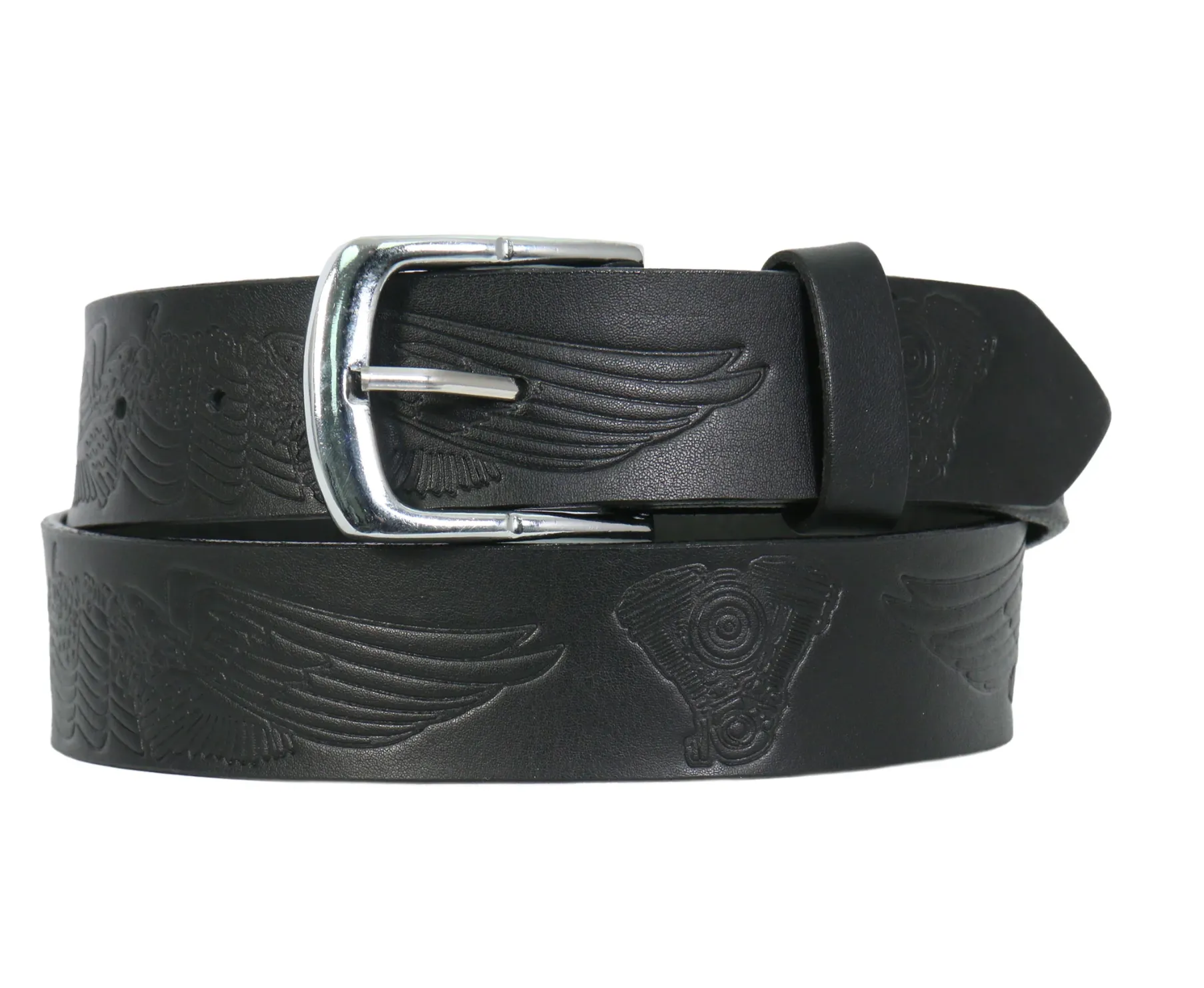 Hot Leathers Wings and V Twin Motor Embossed Heavy Black Leather Belt BLA1126