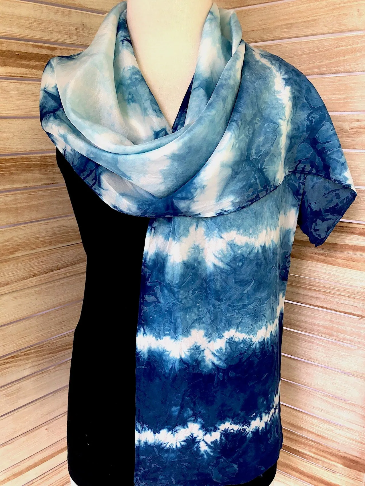 Indigo Shibori Silk Scarf in Subtle Stripe