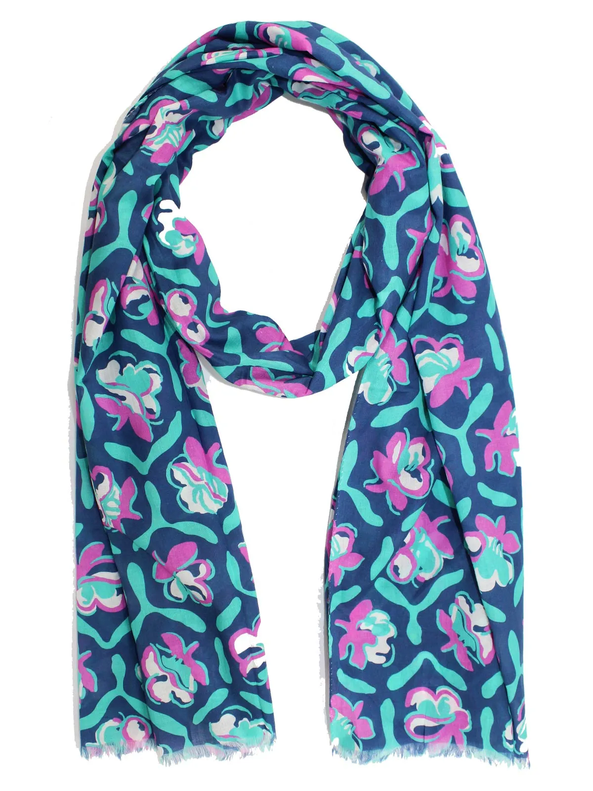 Kiton Scarf Navy Pink Turquoise Floral - Cotton Shawl BLACK FRIDAY SALE