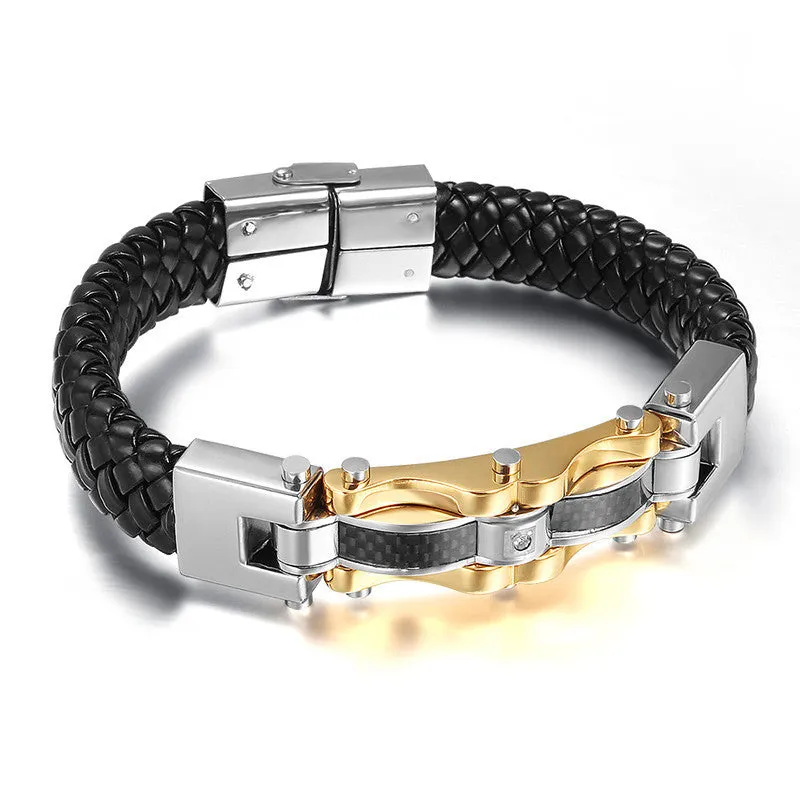 Leather Silver & Gold Plated Vintage Bracelet Men Jewelry