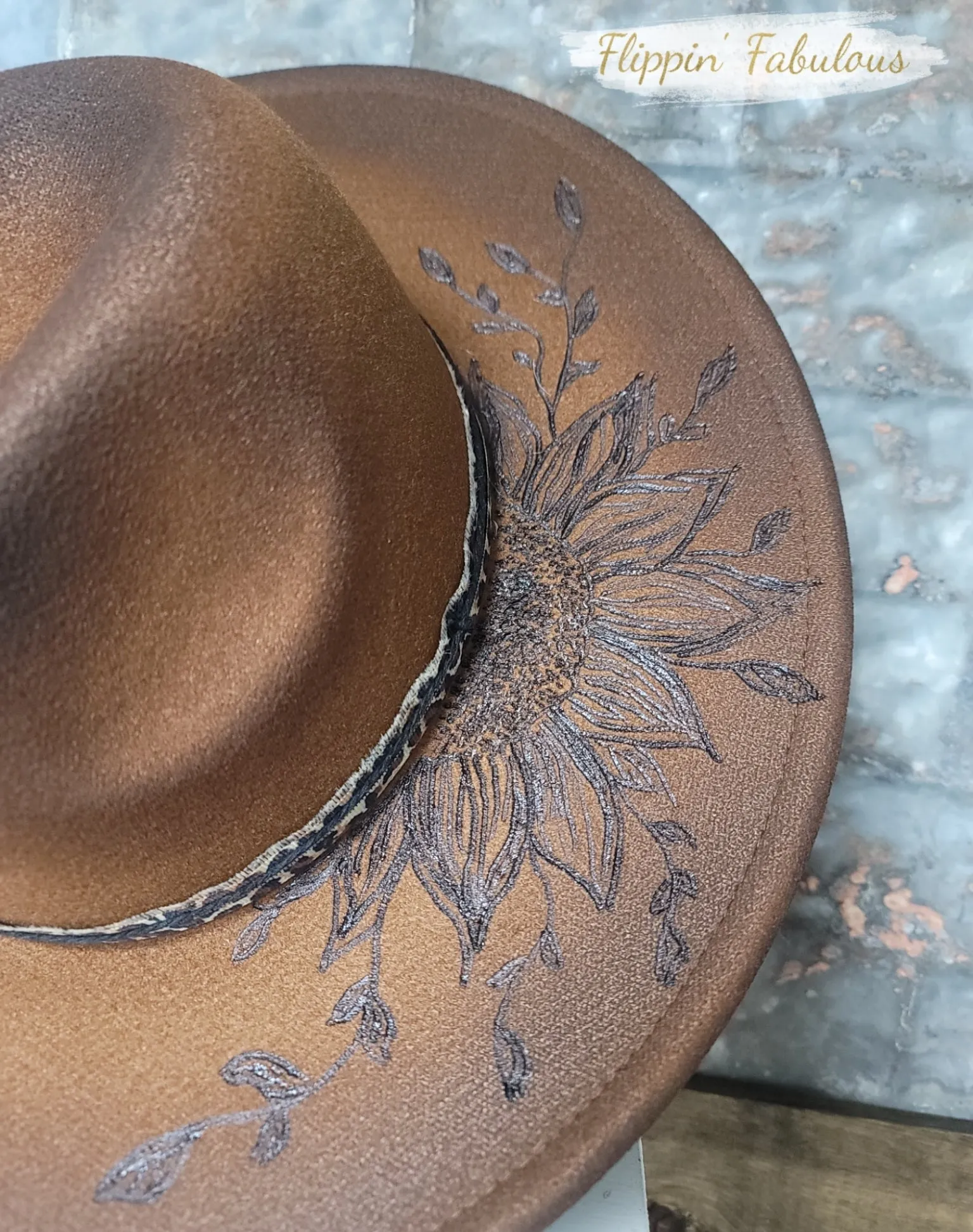 Leo Sunflower Hand Burned Wide Brim Hat