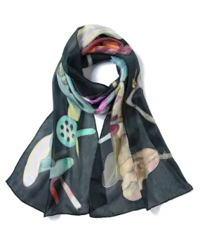 Long Hand Painted Silk Scarf - Black Lotus