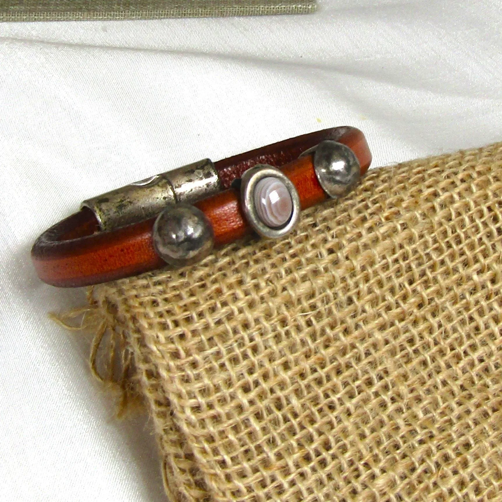 Man's Brown Leather Bracelet Silver Accents