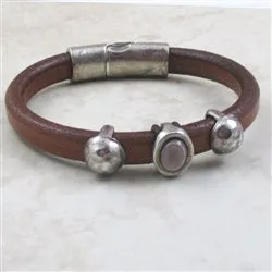 Man's Brown Leather Bracelet Silver Accents